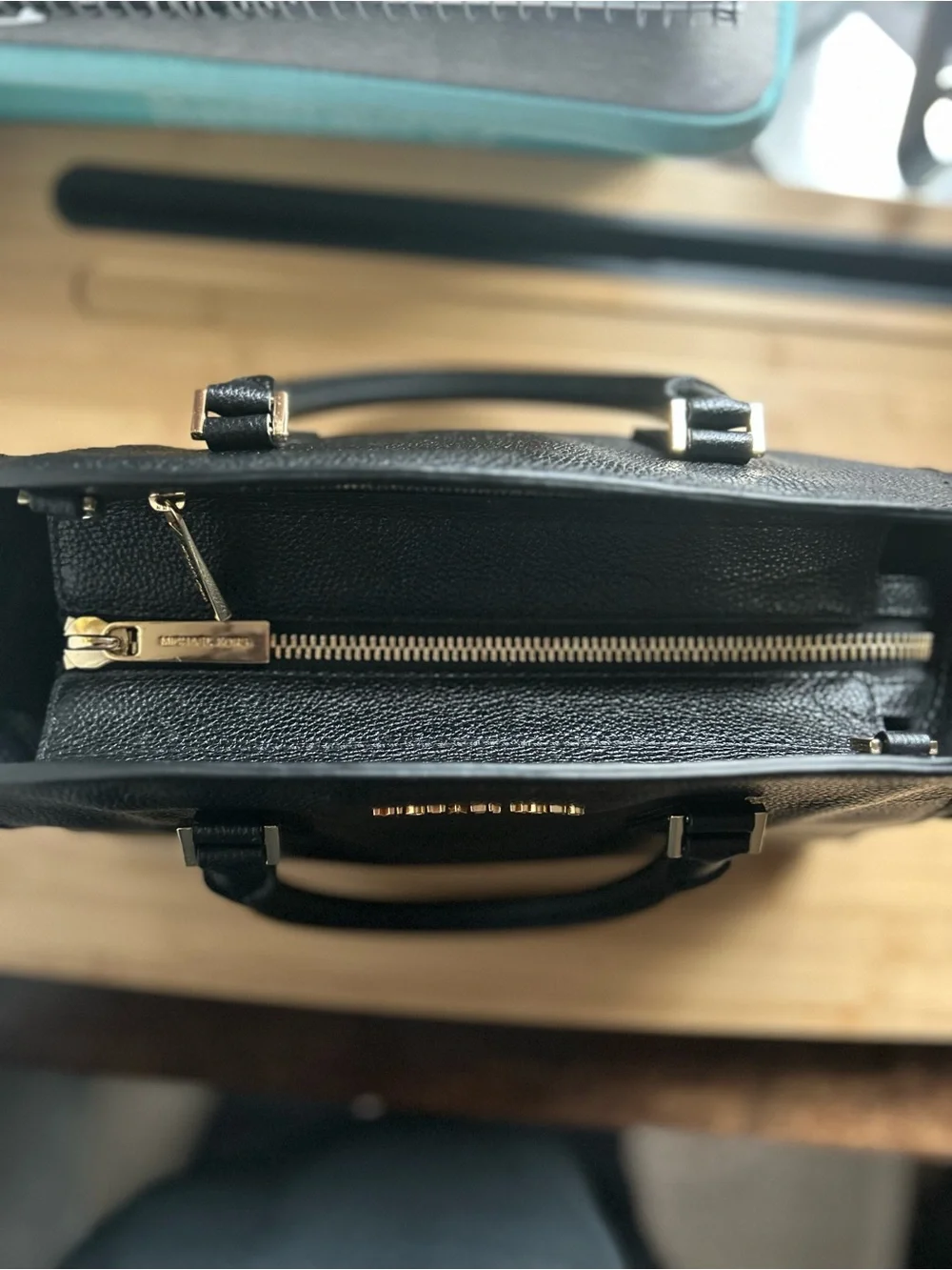 Michael Kors Black Pebbled Leather Satchel with Gold Hardware and Strap